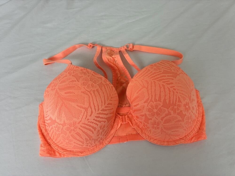 Victorias Secret Orange 34DD Lace Lightly Lined Front Closure Racerback Bra